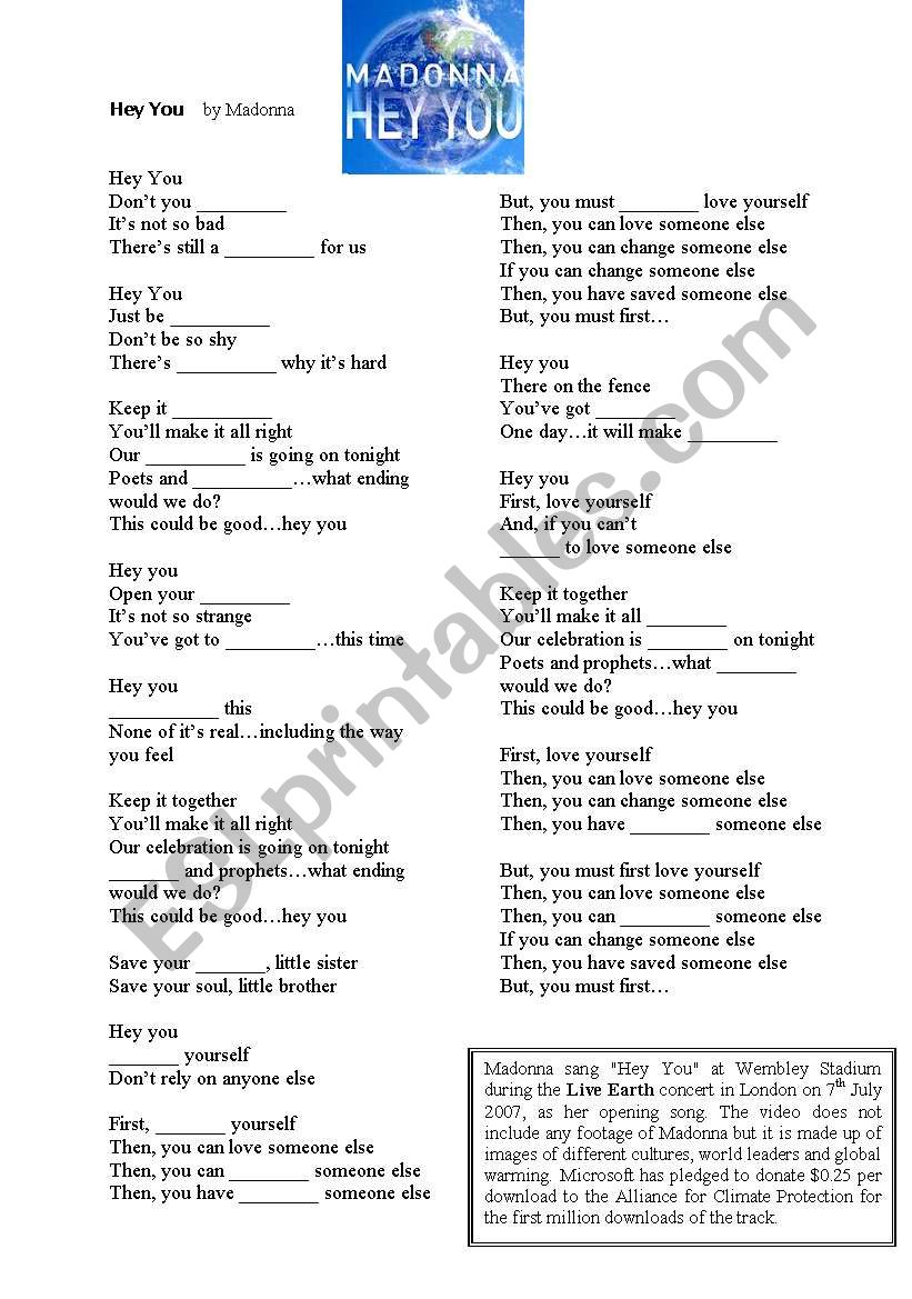 Madonna song- Hey You worksheet