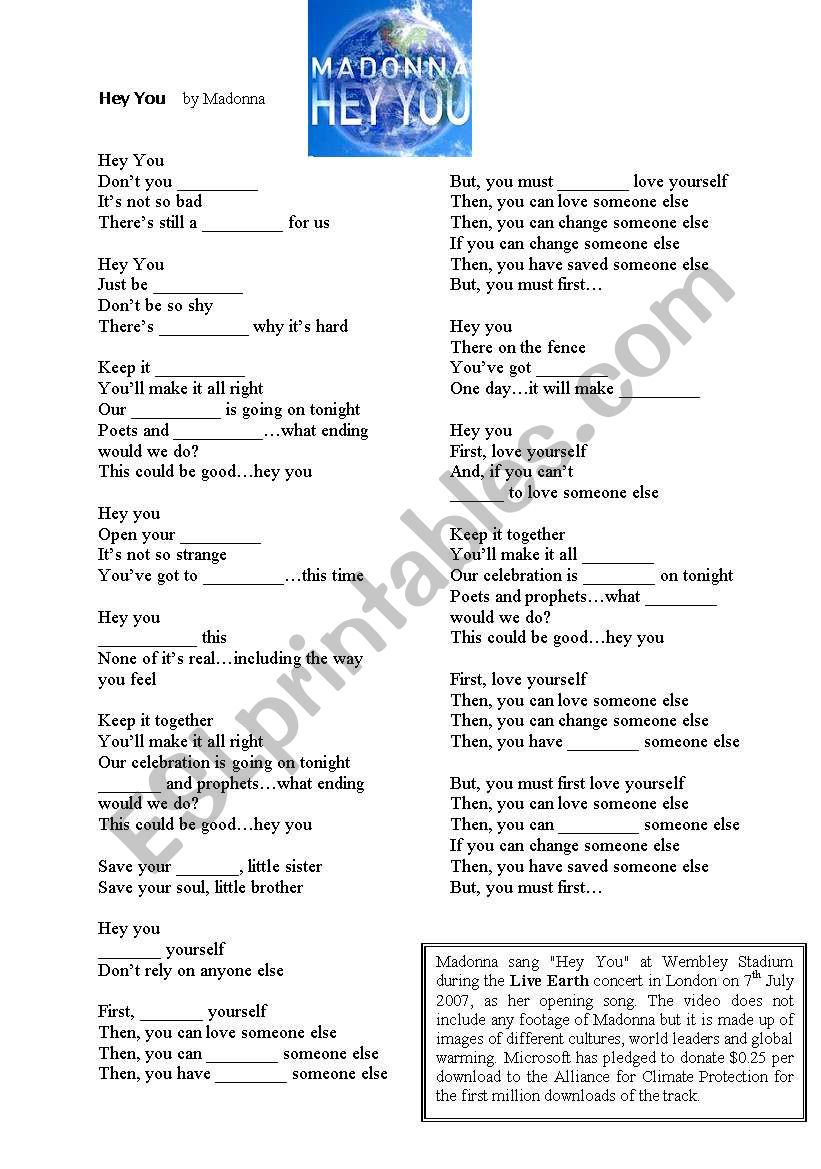 Madonna song- Â´Hey YouÂ´ worksheet