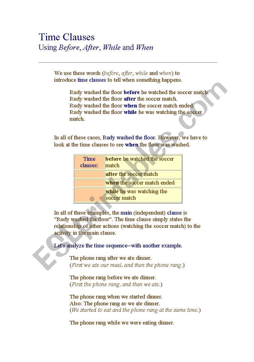 time clauses worksheet