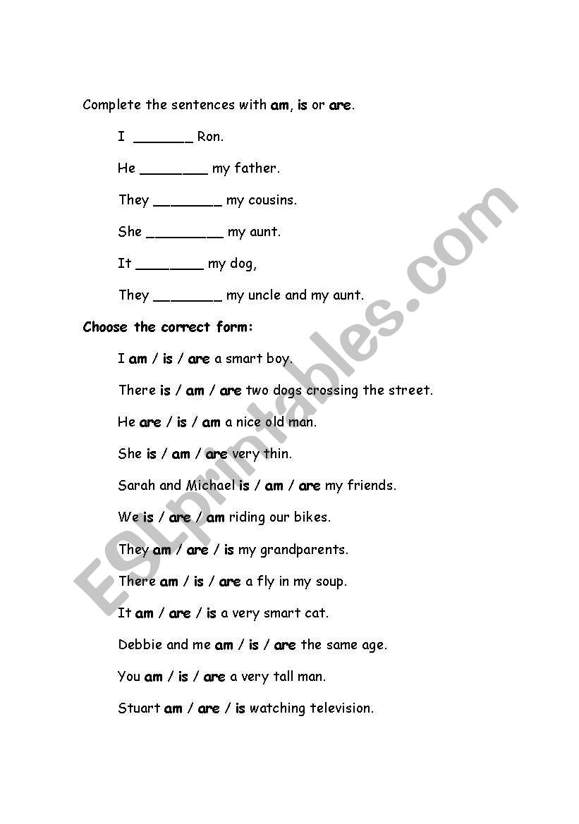 verb to be worksheet