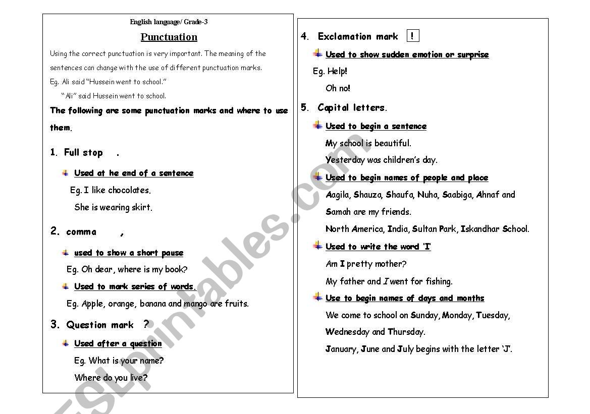 puctuations worksheet