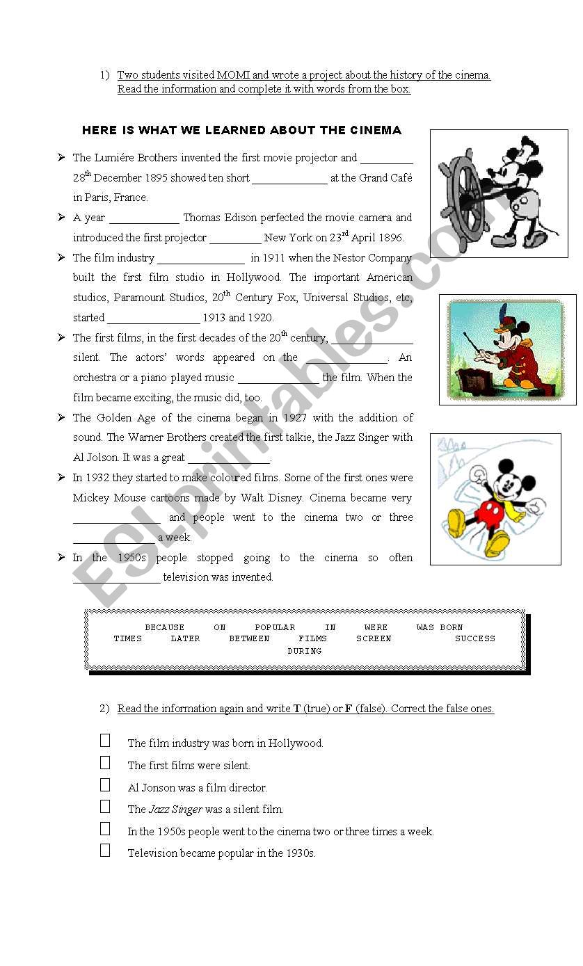 The history of the cinema worksheet