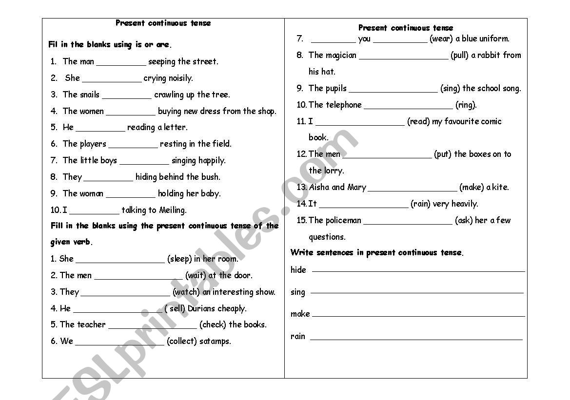 present continuos tense worksheet