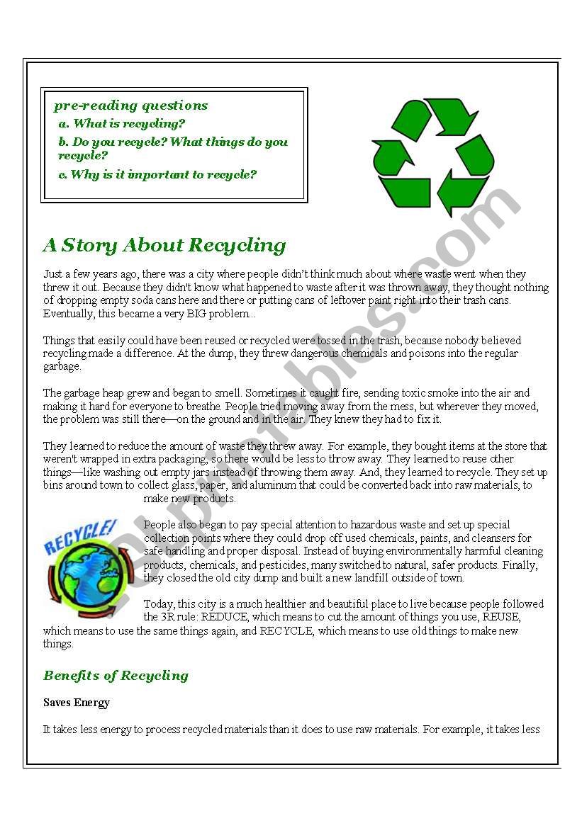 A Story About Recycling worksheet