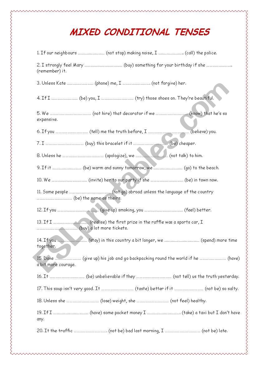 Mixed conditional tenses worksheet