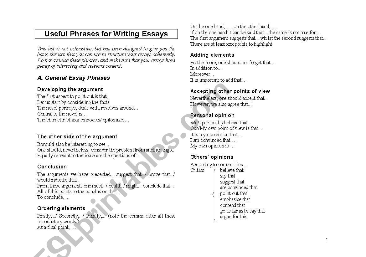 phrases for essays writing