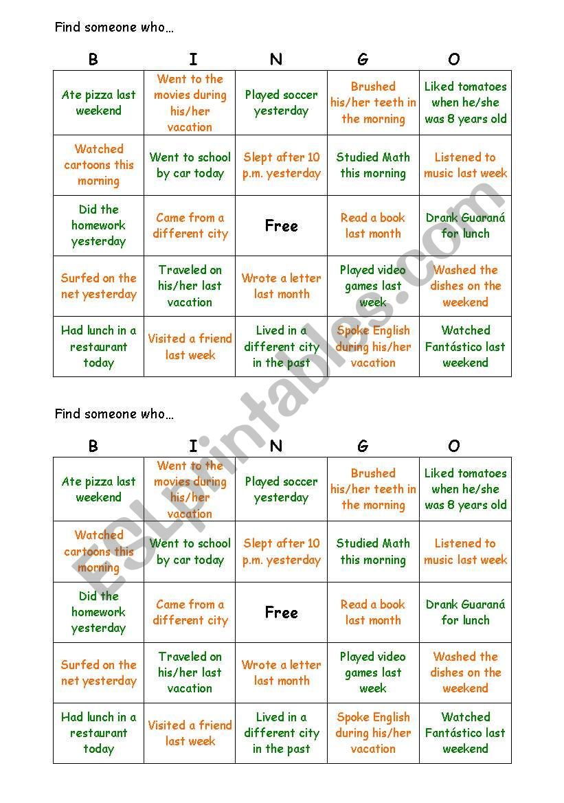 Bingo Simple Past - Find someone who