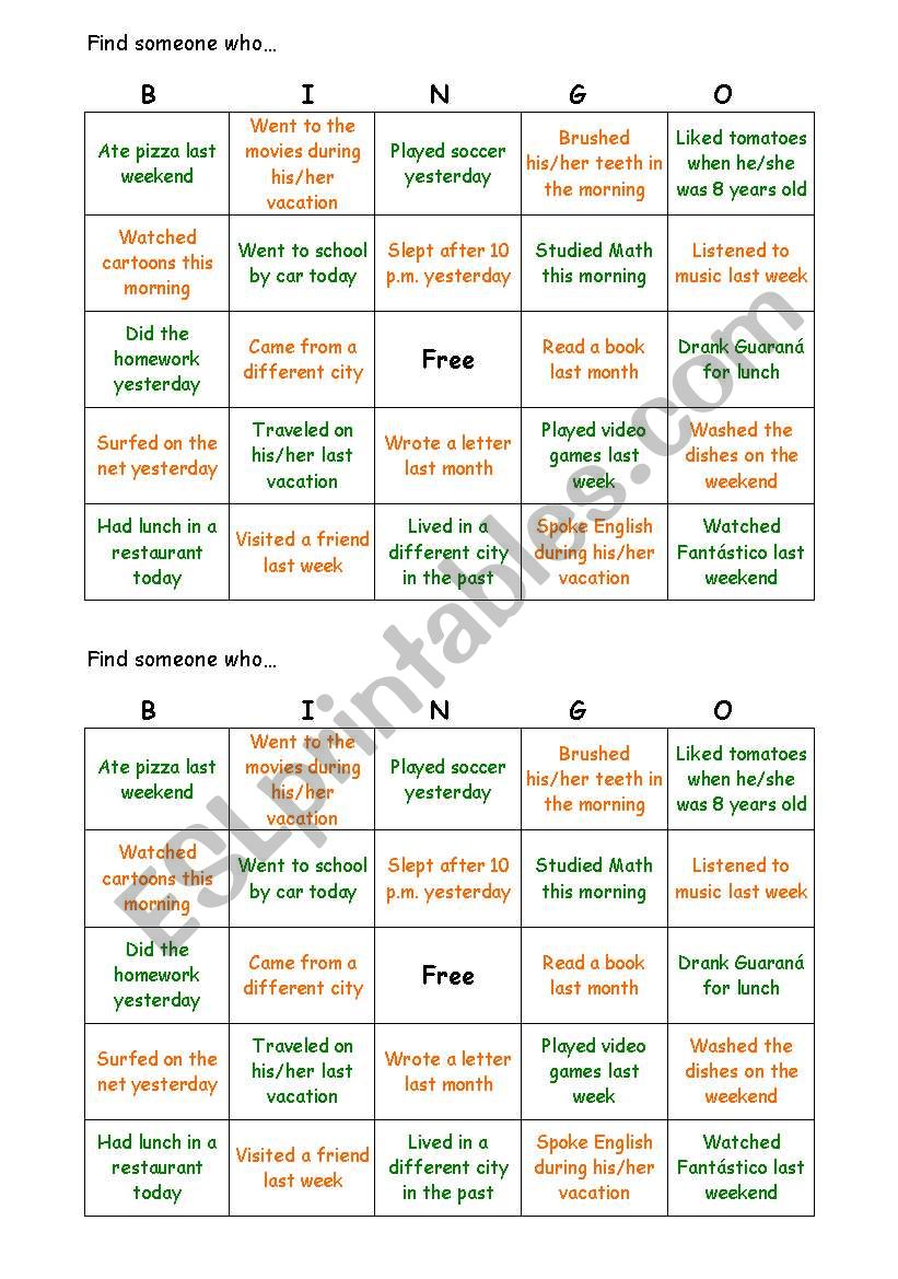 Bingo Simple Past - Find someone who