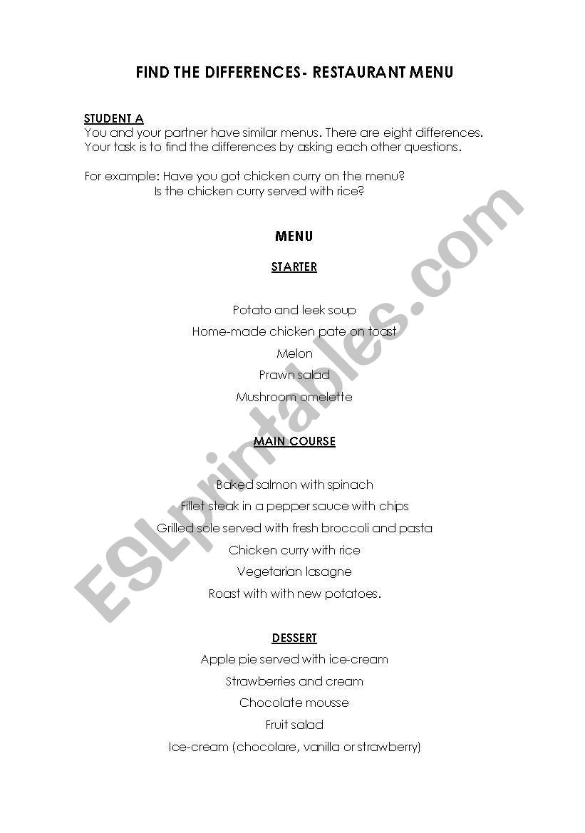  FOOD FIND THE DIFFERENCES worksheet