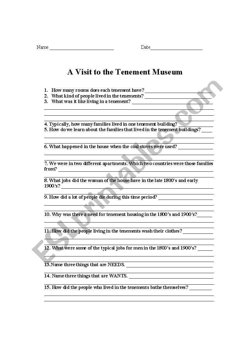 Tenement Museum worksheet