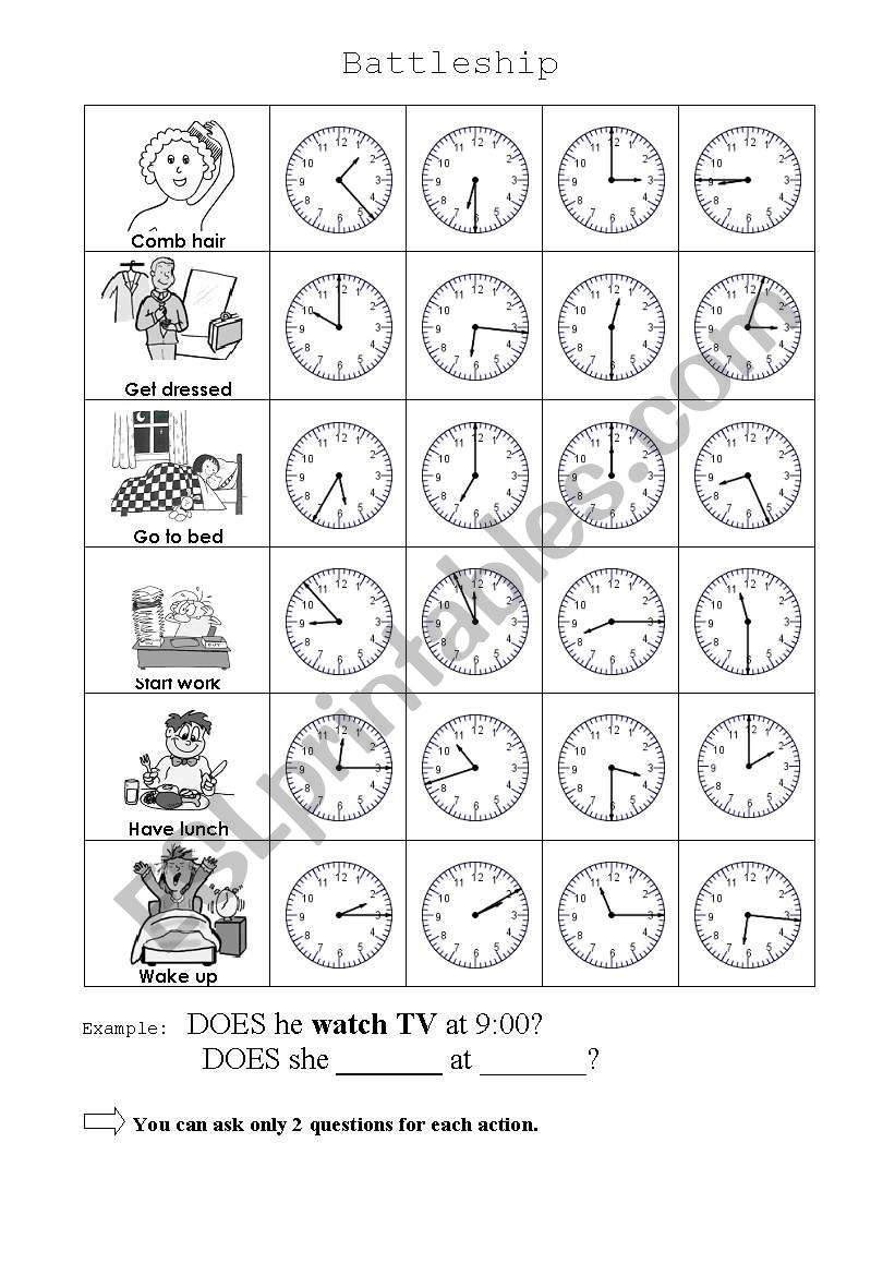 Daily Routine Battleship worksheet