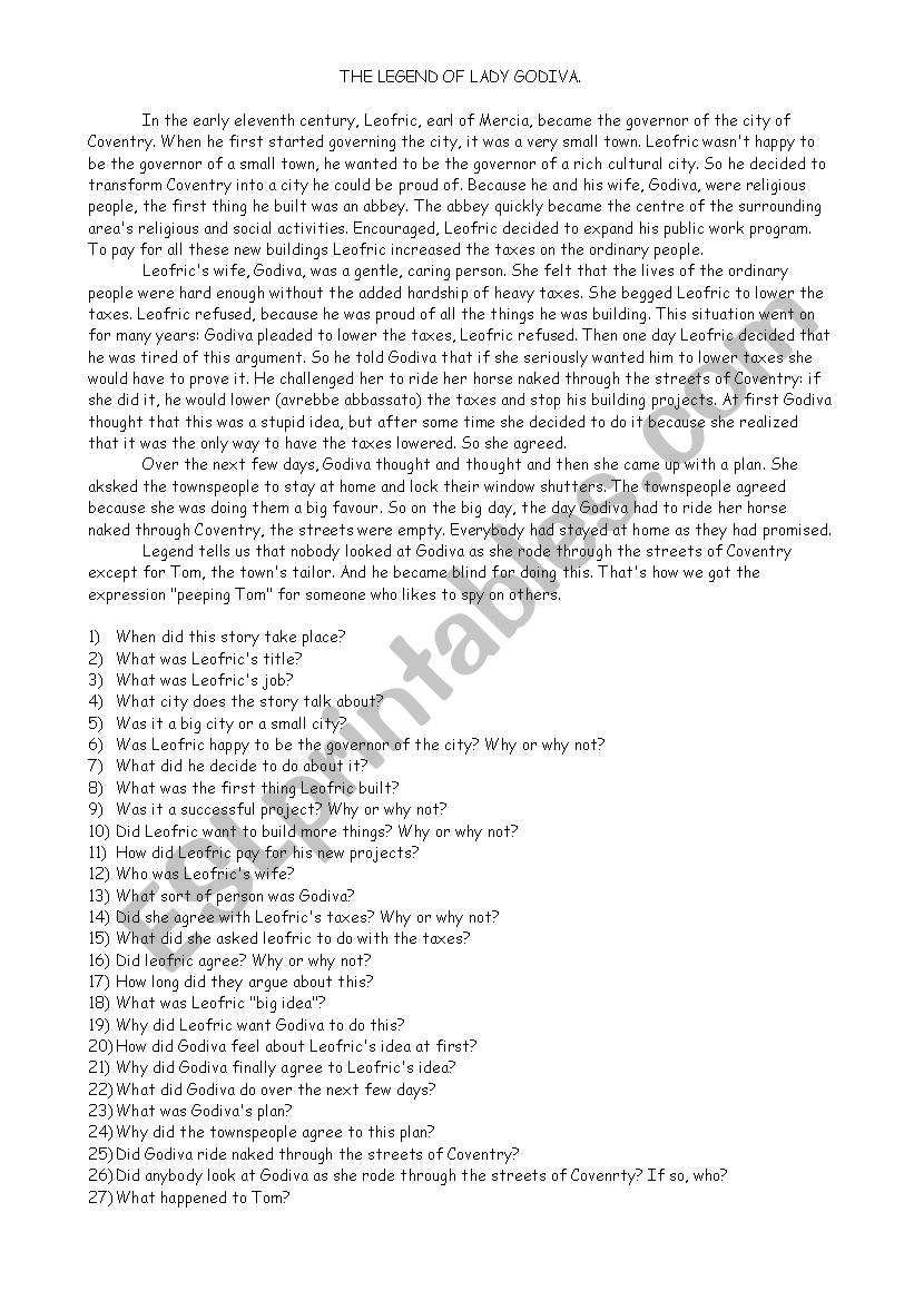 The legend of Lady Godiva worksheet