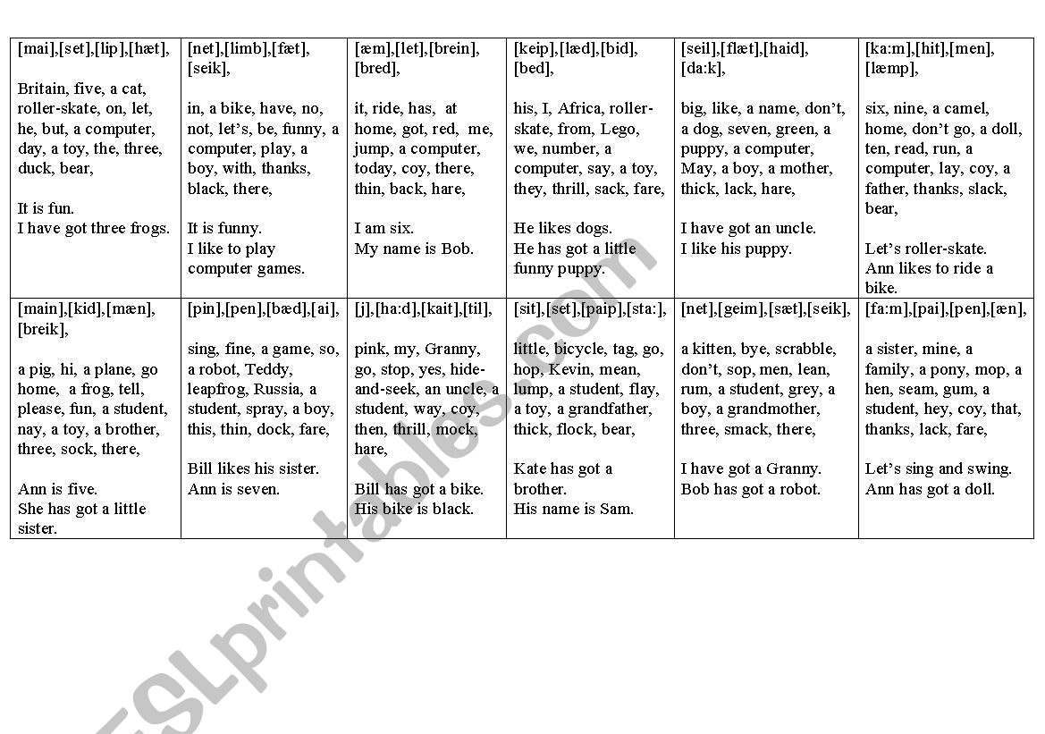 Reading cards worksheet