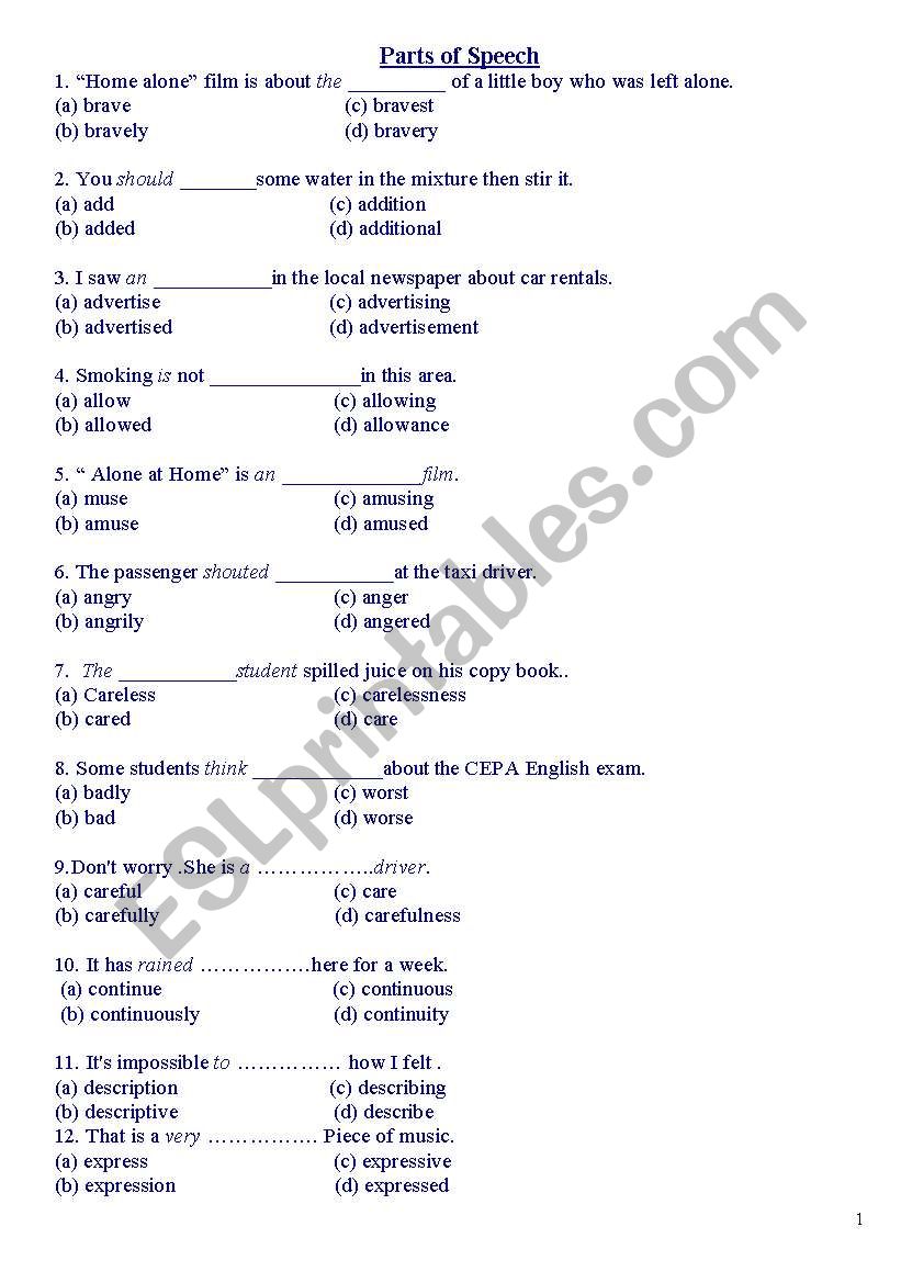 parts of speech worksheet