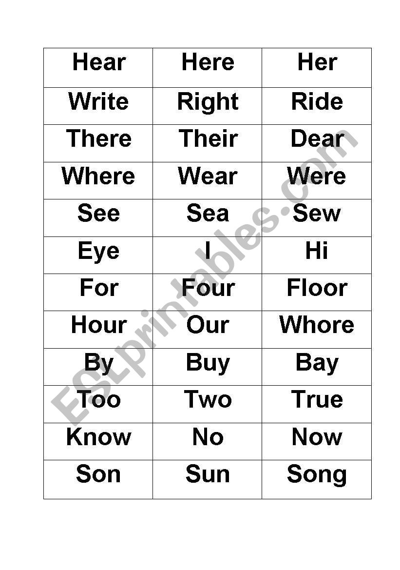 Homophones worksheet