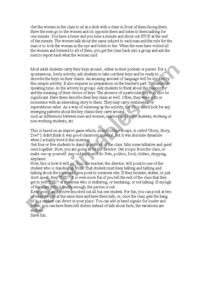 Role plays worksheet