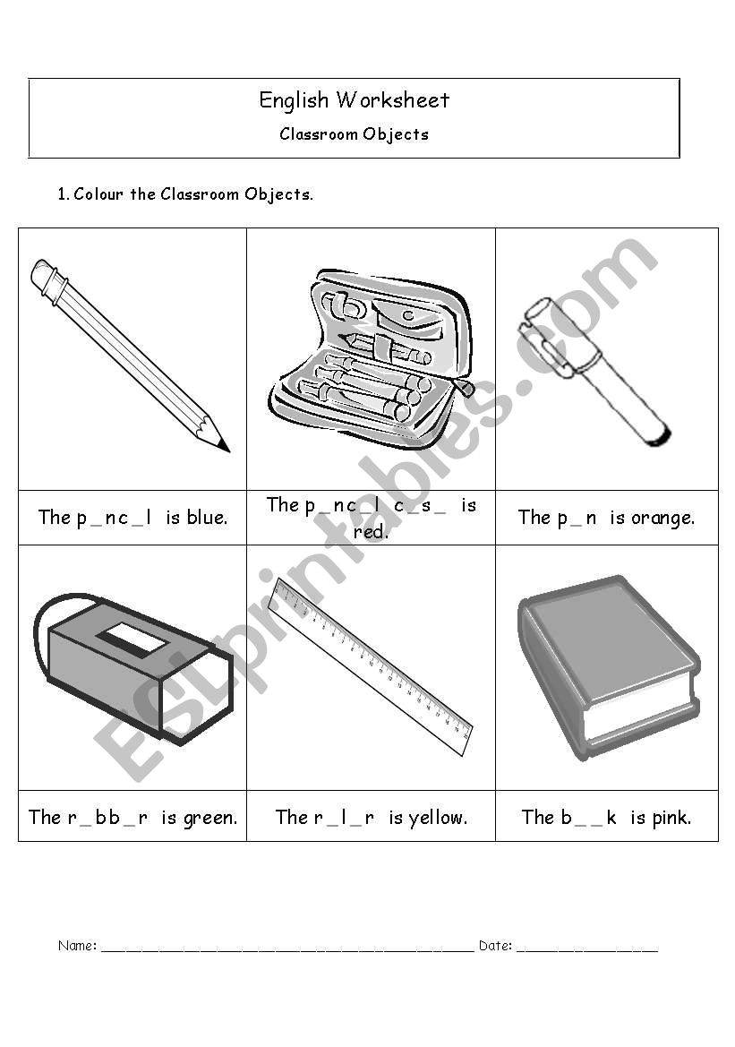 Classroom Objects Colouring worksheet