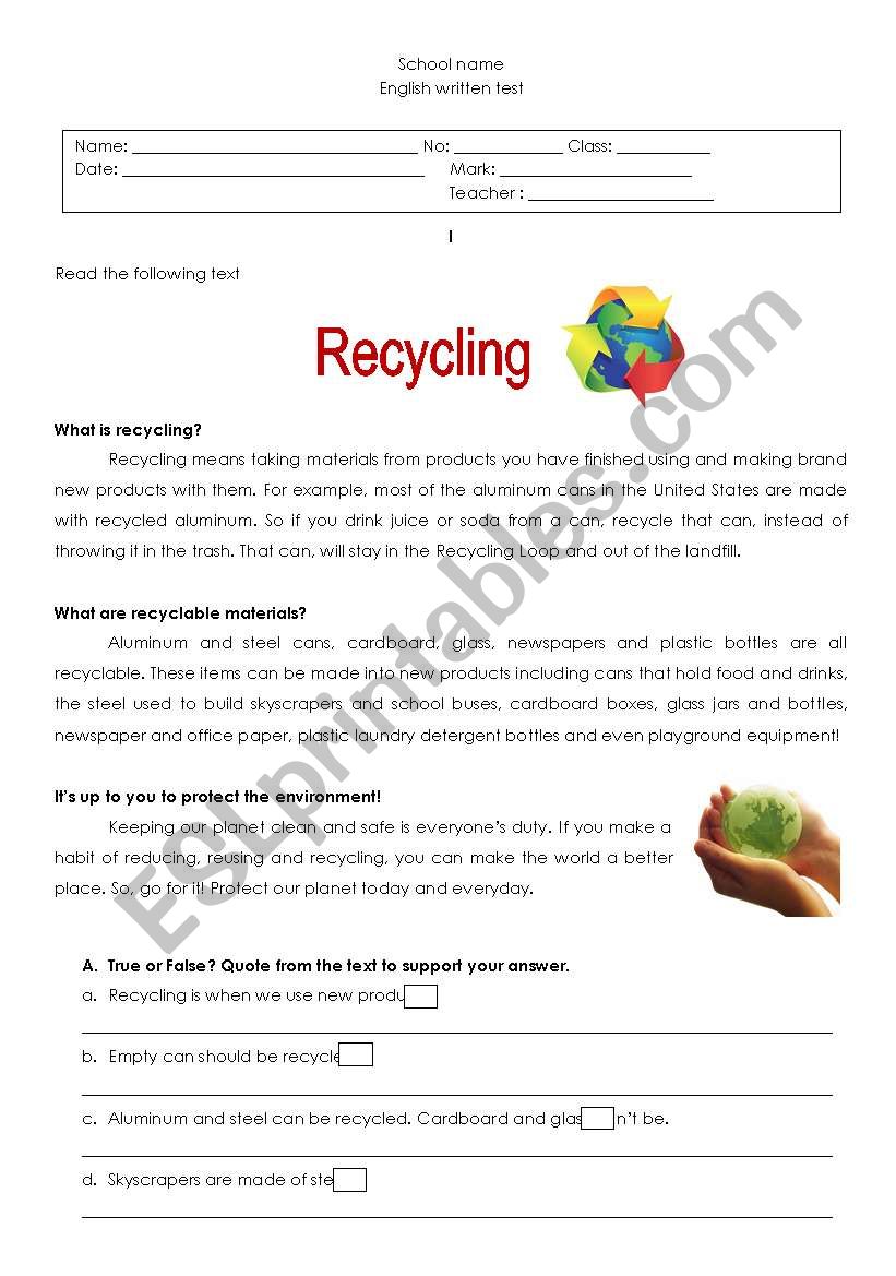 Recyclin worksheet