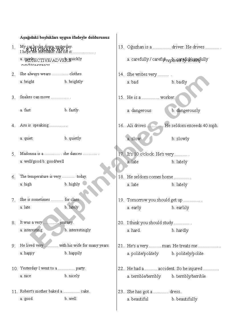 adjectives / adverbs worksheet
