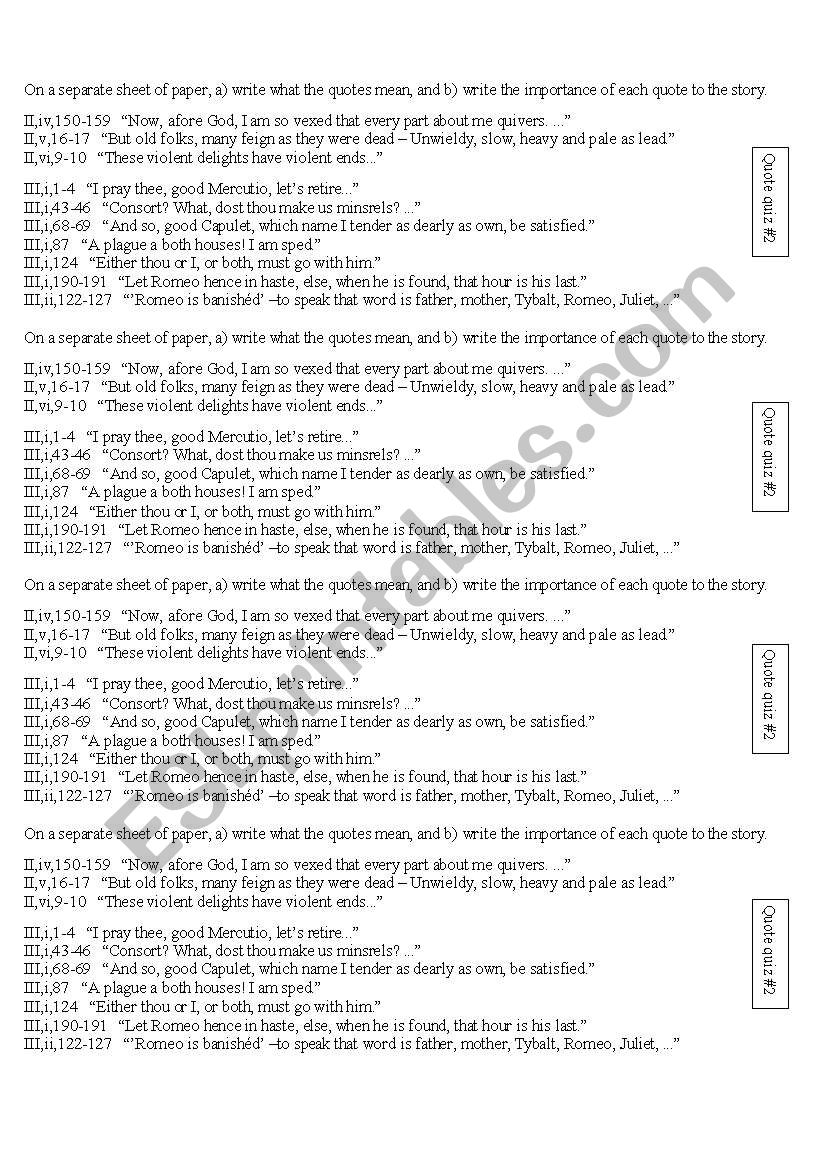 Romeo & Juliet Quote Quiz #2 worksheet