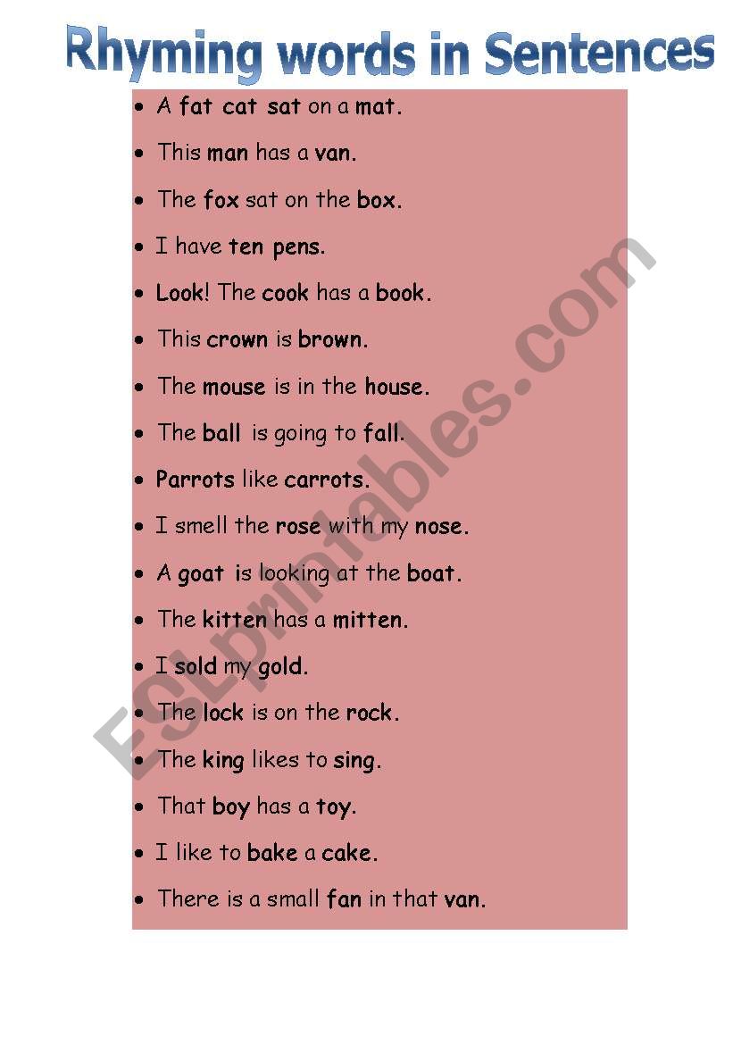 Rhyming words in sentences worksheet