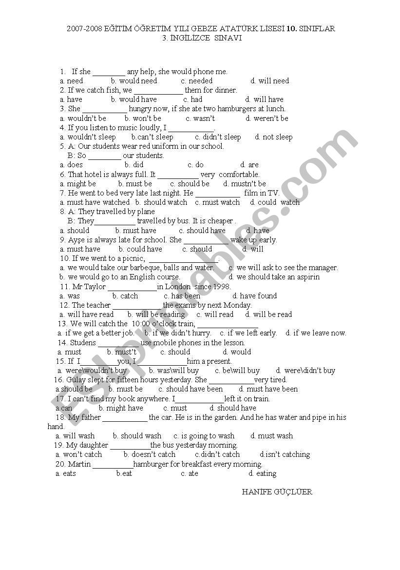 exam questions worksheet