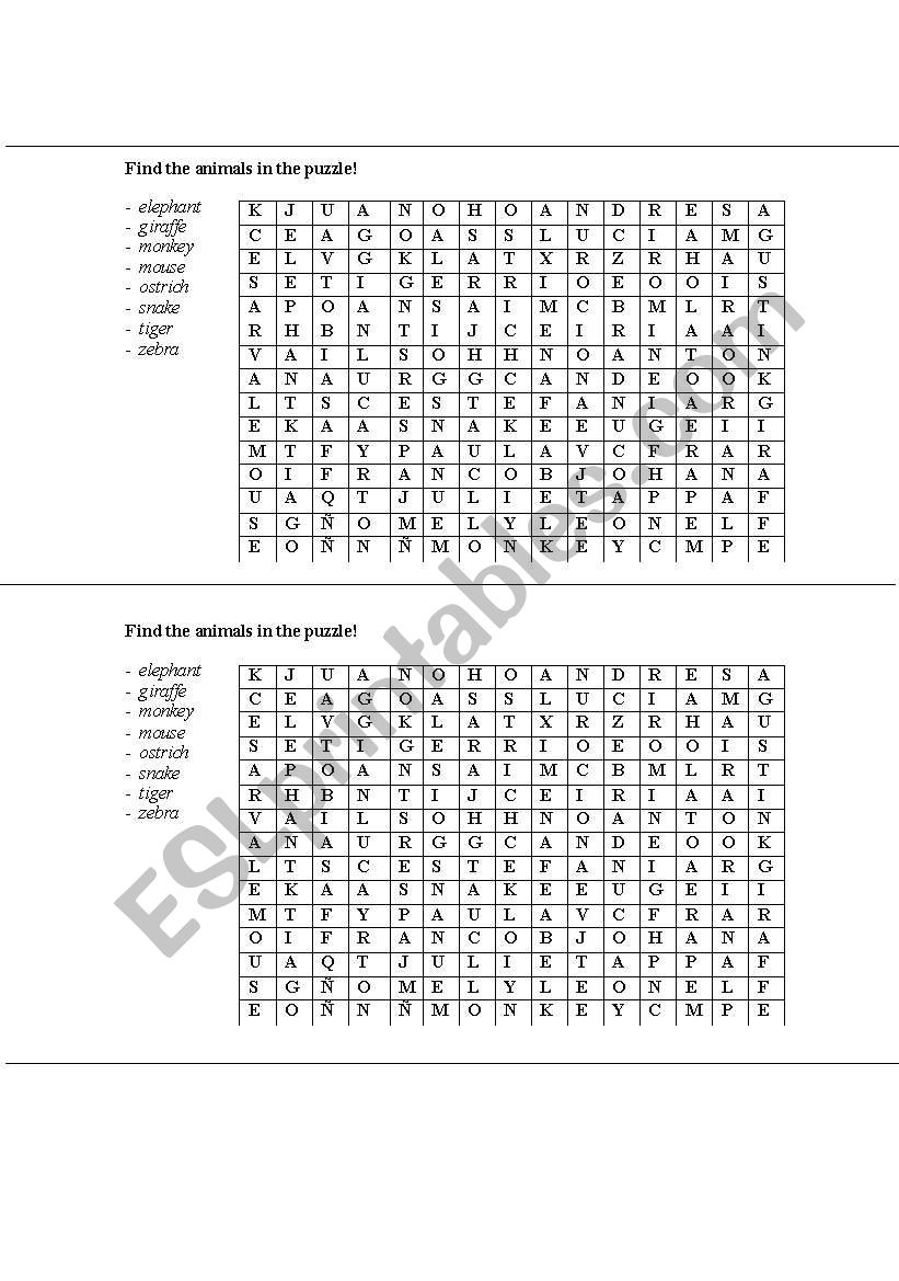 animals crossword worksheet