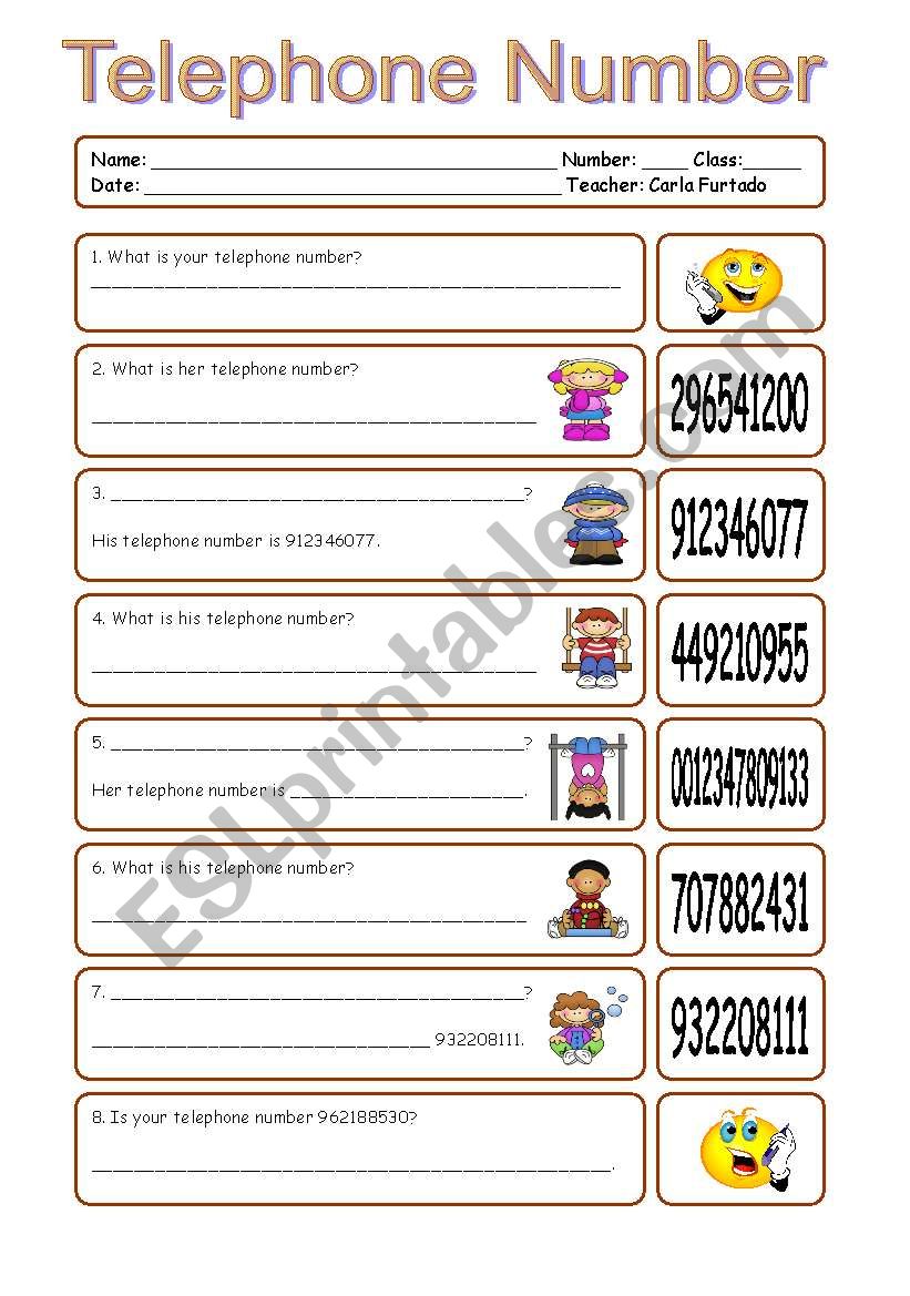 Telephone number worksheet