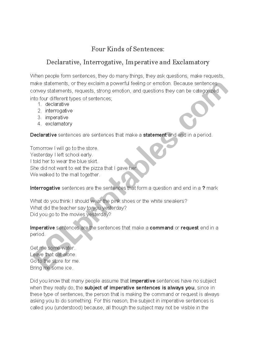 Four Kinds of Sentences worksheet