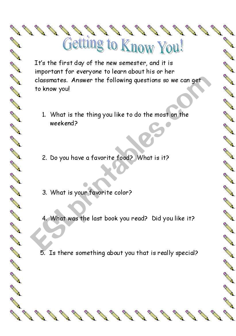 Getting to know you worksheet