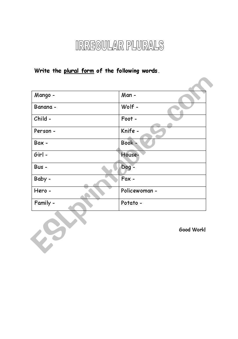 Irregular Plurals worksheet