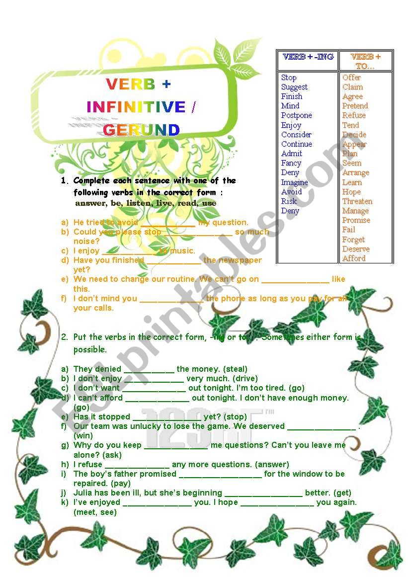 VERB + INFINITIVE OR GERUND worksheet