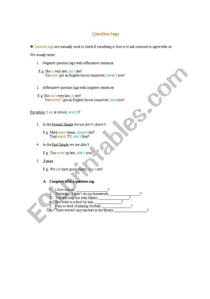 Question . Tags worksheet