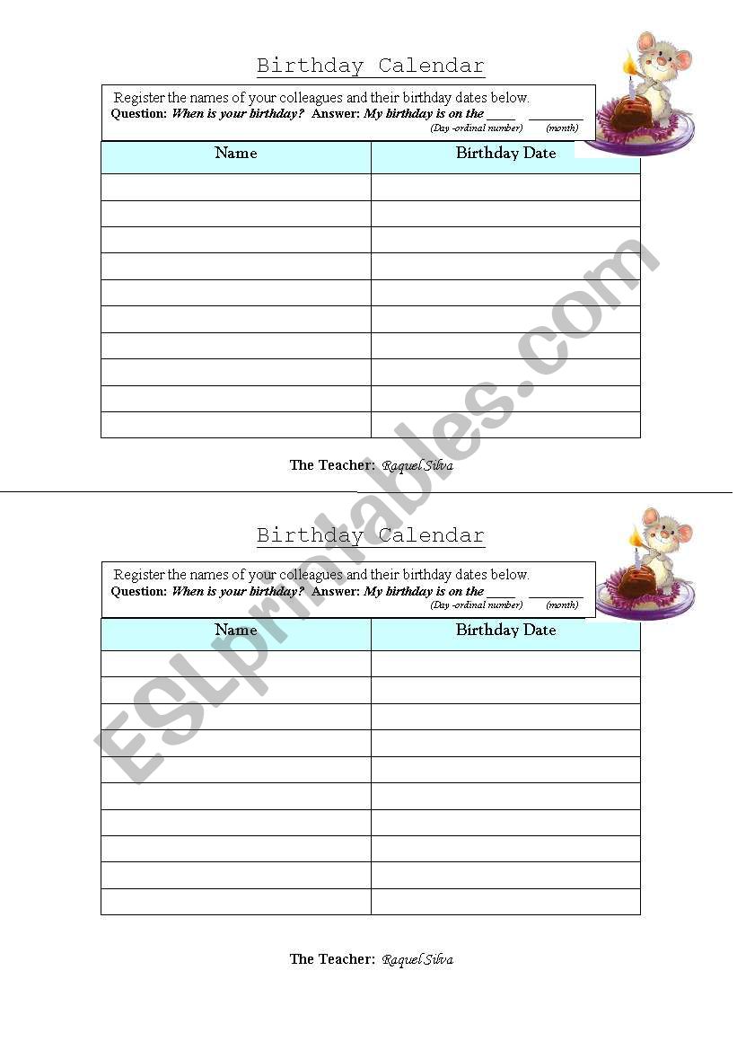 Birthday calendar worksheet