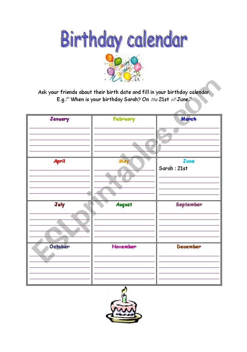 Birthday Calendar worksheet