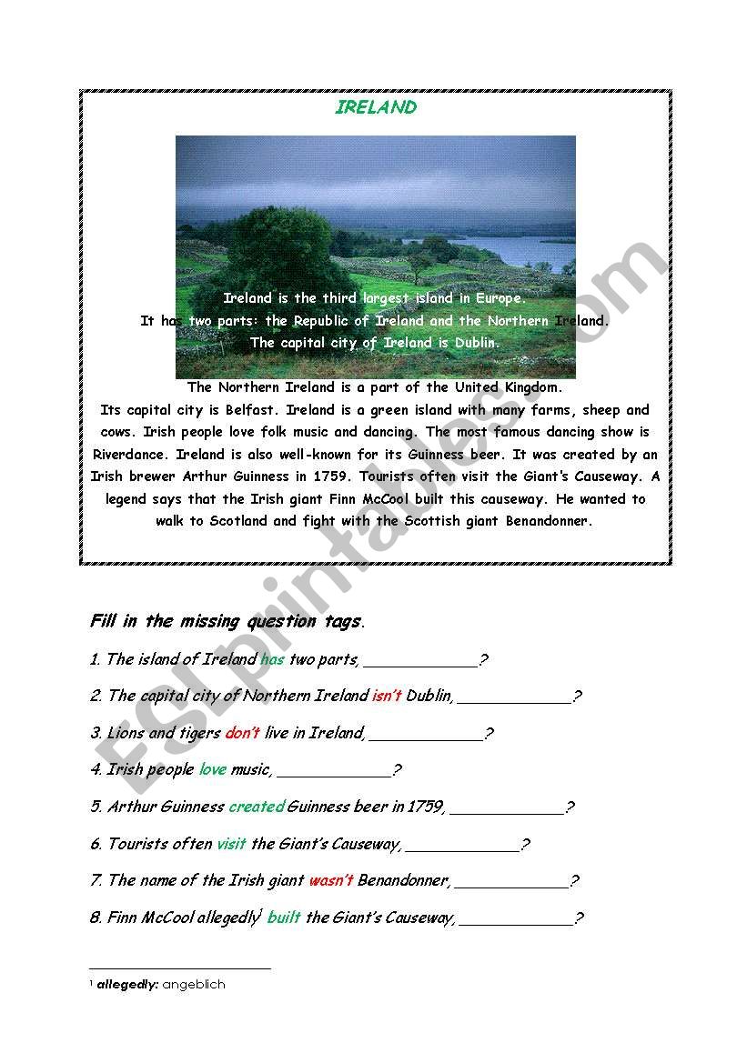 Question tags IRELAND worksheet
