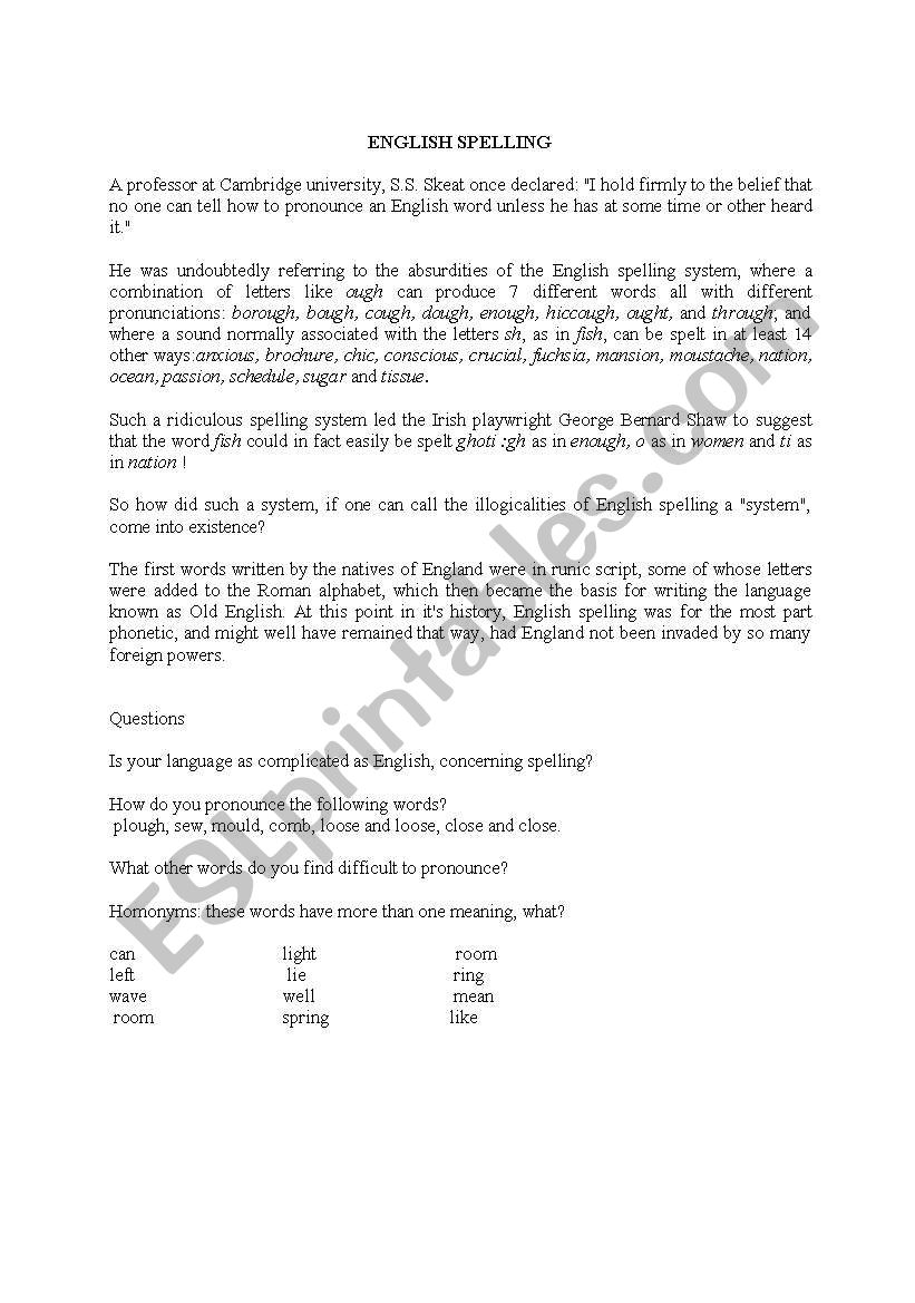 Spelling worksheet