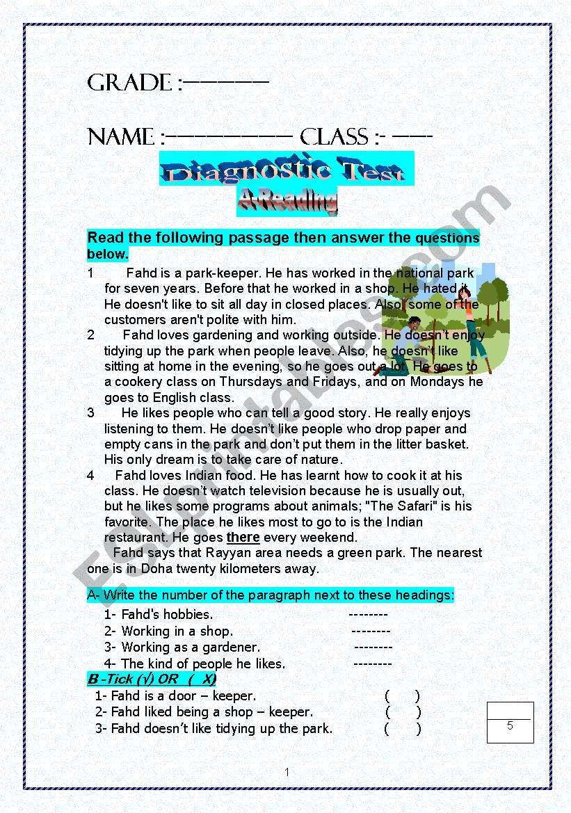 Diagnostic test grades 5-11 Reading-writing -Language-Vocab