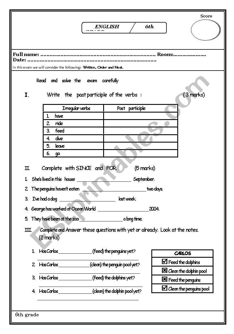 present perfect since - for worksheet