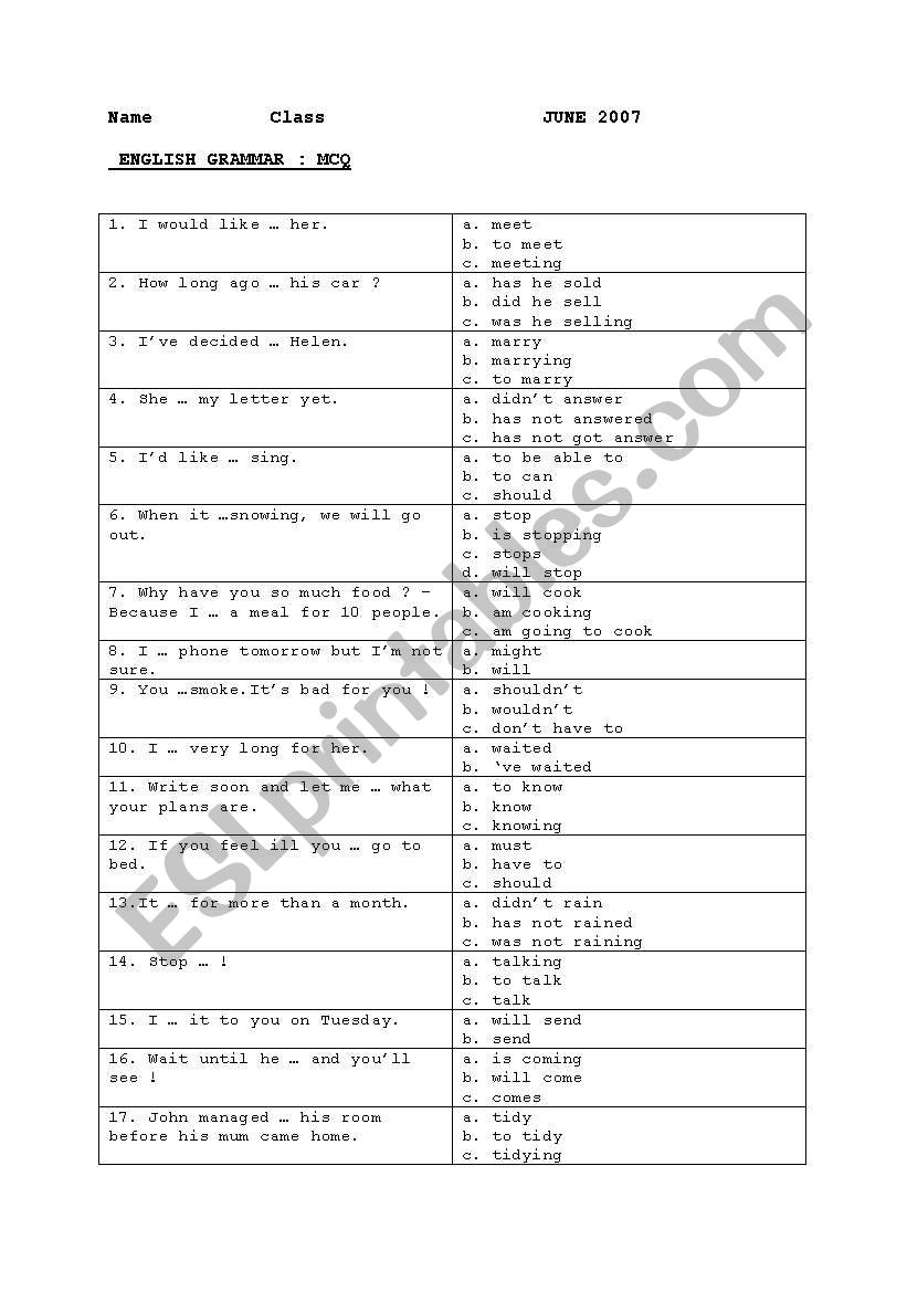MCQ worksheet
