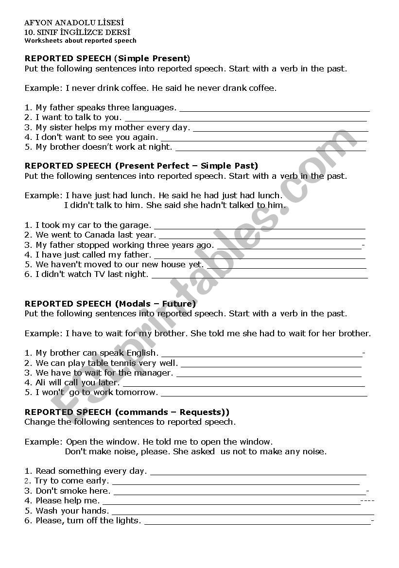 Reported speech worksheet