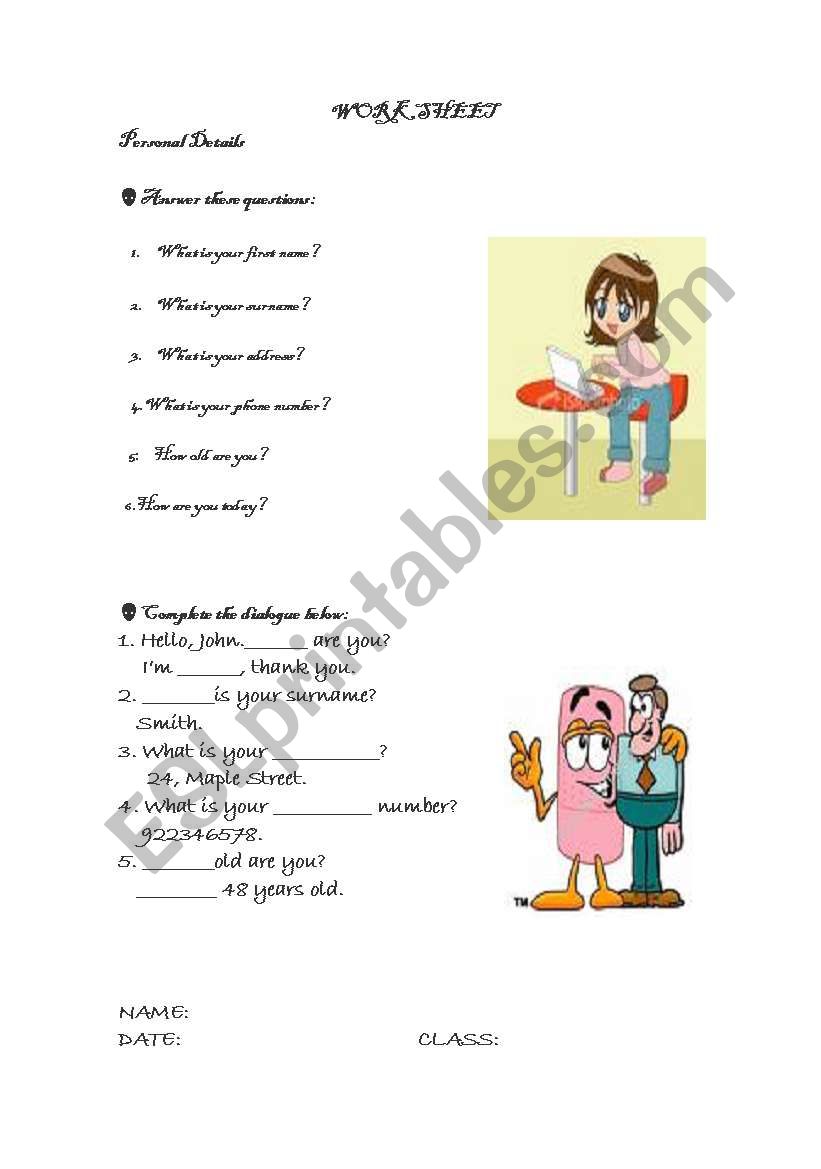 Personal Details worksheet