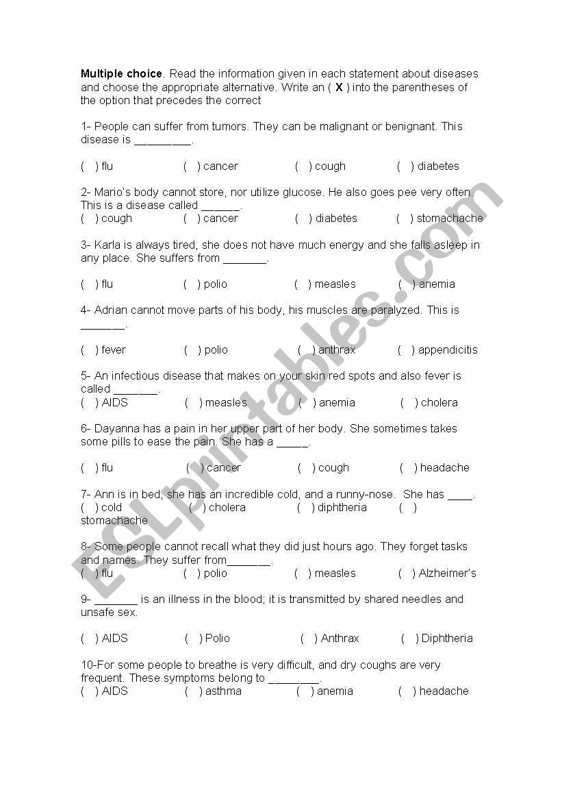 illnesses worksheet