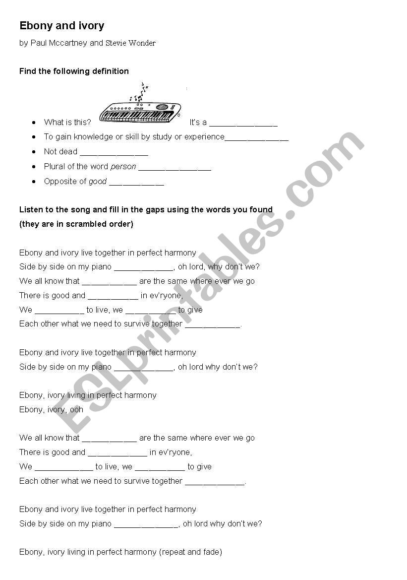 ebony and ivory worksheet