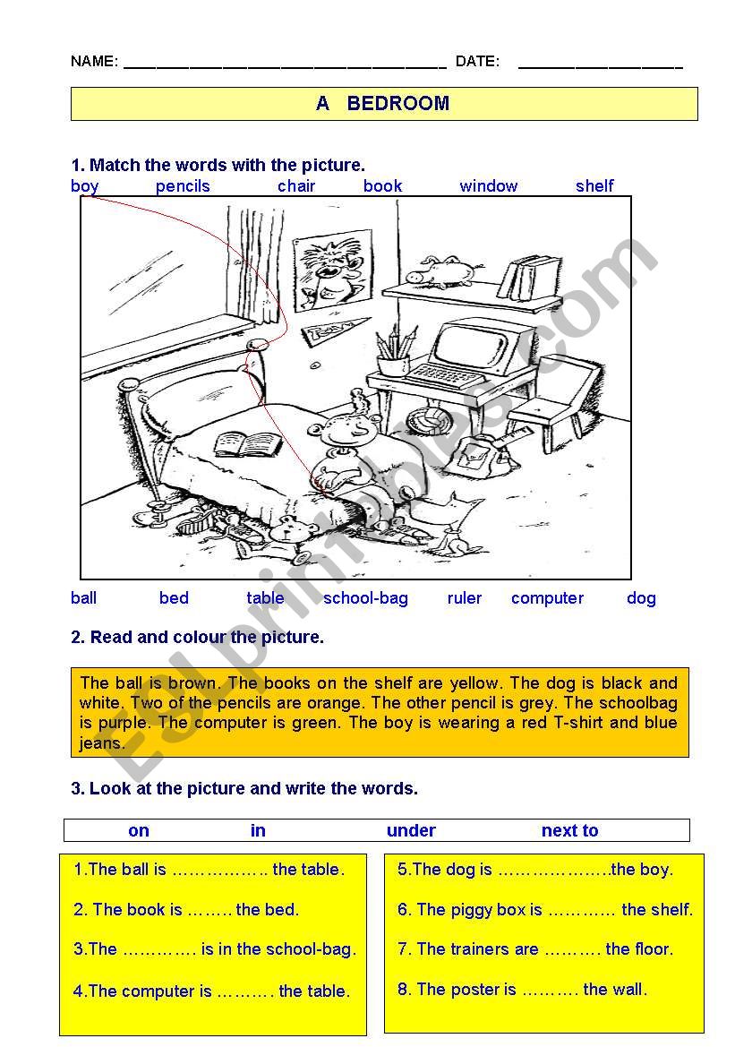 objects and prepositions in a bedroom