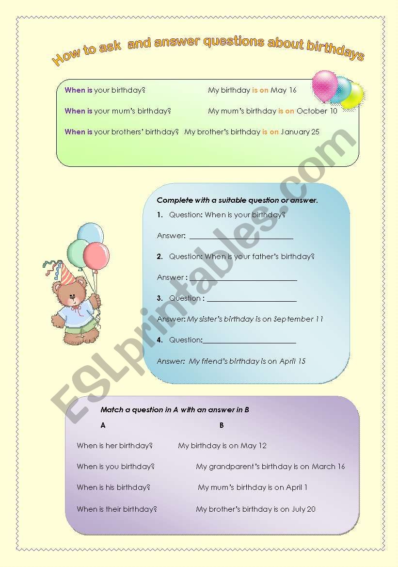 Asking about birthdays worksheet