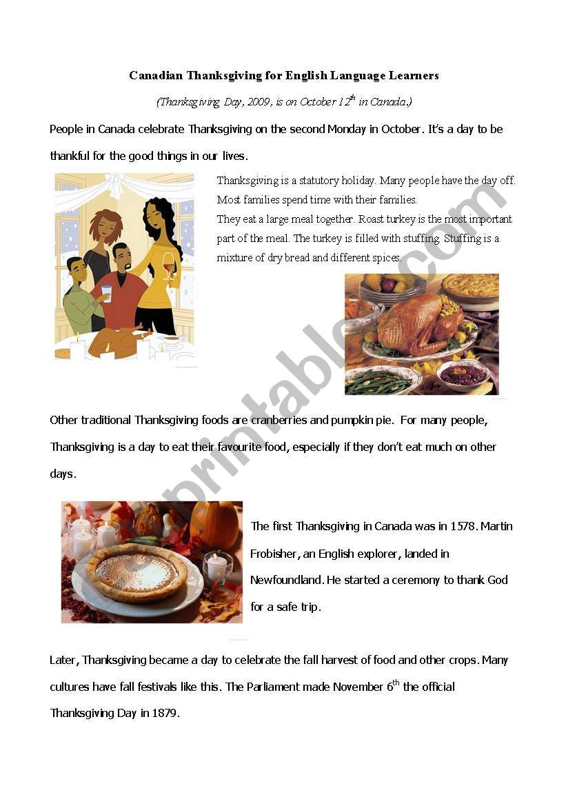 Thanksgiving Reading worksheet