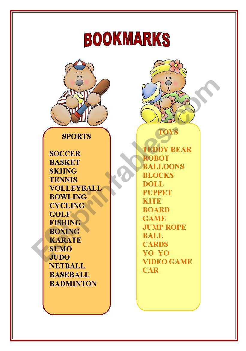 BOOKMARKS: SPORTS AND TOYS worksheet