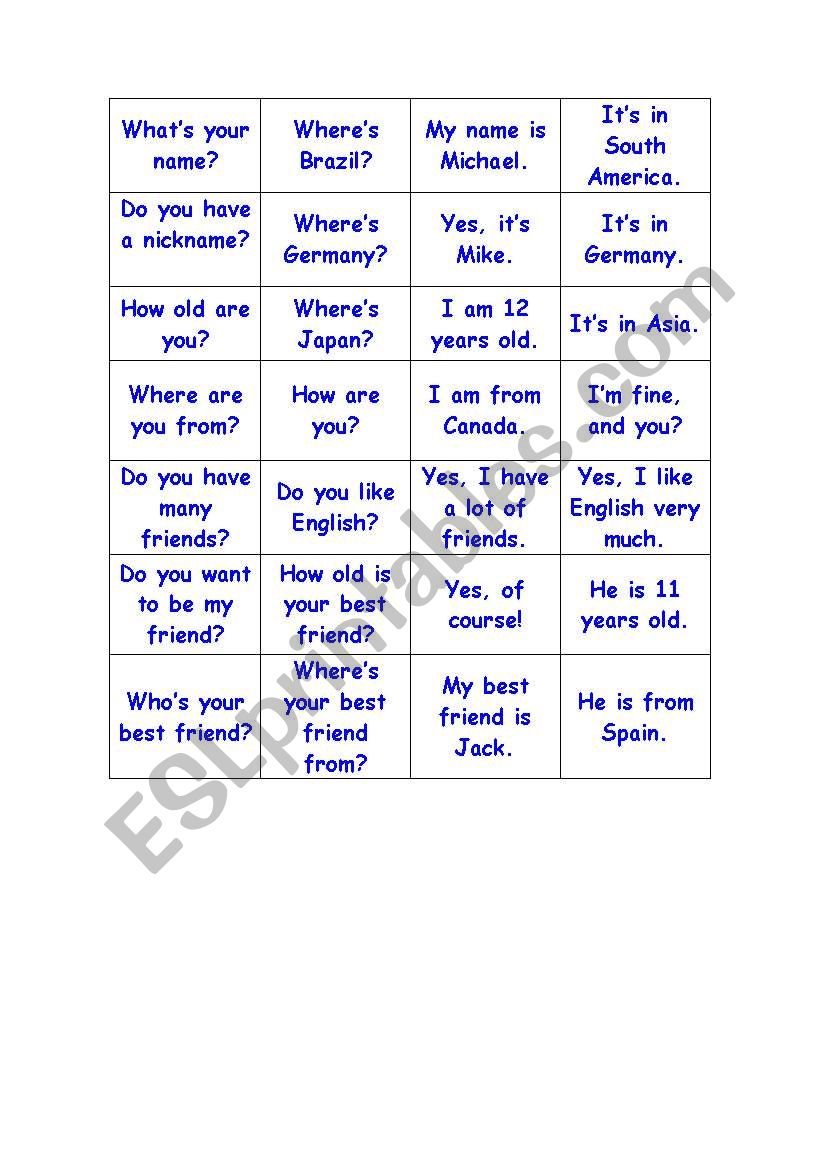 Basic questions Bingo worksheet