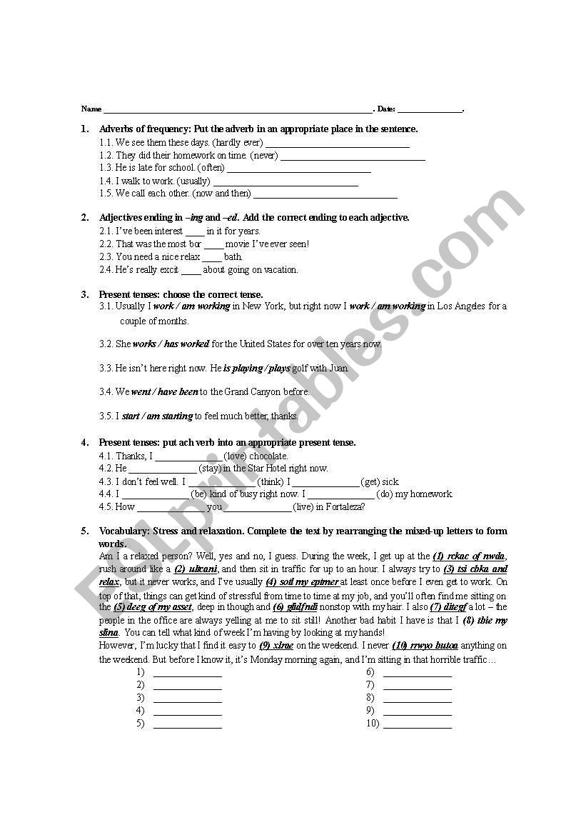 present tenses worksheet worksheet